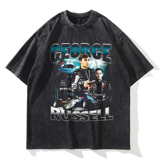 George Russell Retro Formula One T-Shirt - 100% Cotton, Vintage Racing Design